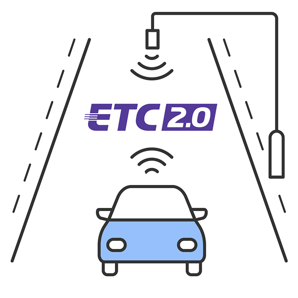 ETC2.0の路側機と車載器が通信する様子を示したイメージ図。
