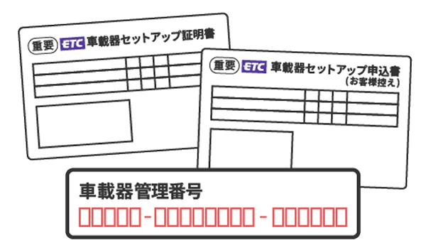 車載器セットアップ申込書やお客様控えに記載された車載器管理番号を確認するイメージ図