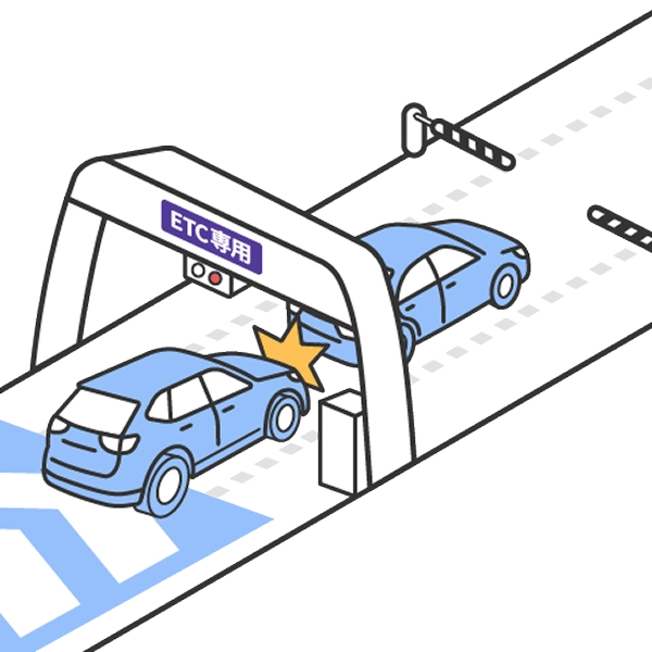 ETCレーン通過時に前の車との車間距離を十分に取らず衝突していることを示すイメージ図